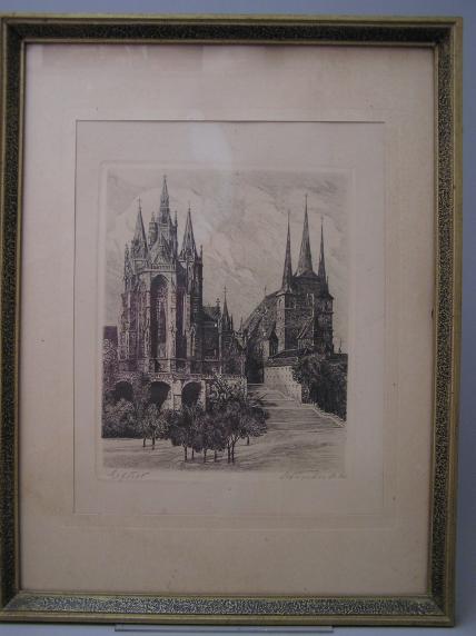 Signierte Graphik Lithographie Erfurt Domplatz Mit Dom Und Severi Kirche Um 1900