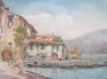 Signierter Farb-Druck: Ansicht Hafen von Limone sul Garda (Gardasee), Südländische Landschaft, um 1900