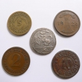 Foto 1: 5er Münzsatz: 3 x Weimarer Republik, Rentenpfennige von 1924 / Notgeld 1. Weltkrieg, 10 Pfennig aus Gotha / Nachprägung griechische Münze