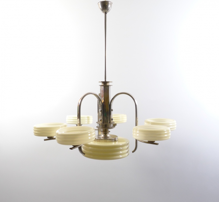 Strenge große Art Deco Deckenlampe, Bauhaus-Stil, Chrom, 7 Leuchten Strenge große Art Deco Deckenlampe, Bauhaus-Stil, Chrom, 7 Leuchten
