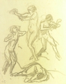 Rudolf Gudden (1863-1935): 3 x Blatt Studien zu tanzenden Frauenakten, mit 4 Handzeichnungen, Bleistift und Kohle, Künstler-Monogramm, datiert 1917