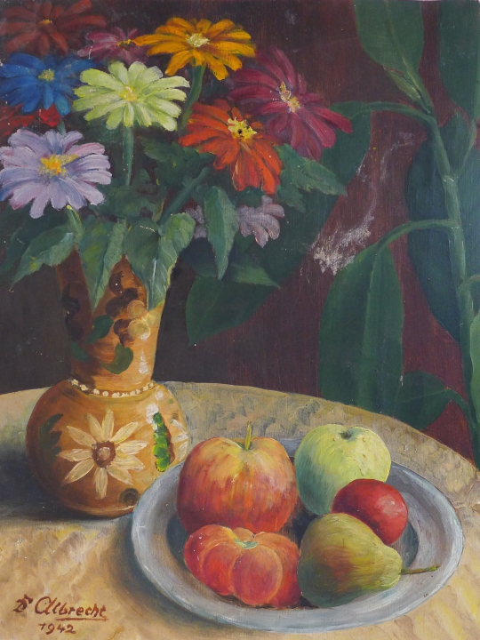 E Albrecht Attr Ol Gemalde Stilleben Mit Blumen Und Fruchten Datiert 1942