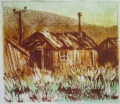 Ernst Leonhardt (* 1935): Graphik - Farblithographie, "Blockhütte am See", Druck Taborpresse Berlin 1989