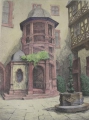 Kolorierter Kupferstich: Schloßhof mit Brunnen