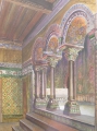 Foto 1: Carl Fischer: Bühnenbild-Entwurf zu Richard Wagners Tannhäuser, Sängersaal Wartburg, signiertes Aquarell, Weimarer Hoftheater-Maler, 1907