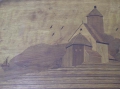 Foto 2: K. Nässe: Holz-Intarsien-Bild, Dorfkirche in Landschaft