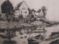 Signierte Graphik - Lithographie: Schloß Lötzen in Fluß-Landschaft, Monogramm OE, datiert 1918