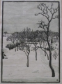 Foto 1: Otto Bartell: verschneite Landschaft, Graphik, kolorierter Holzschnitt-Handdruck, um 1900