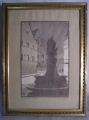 Gertrud Korn (* 1879): Brunnen-Anlage mit Altstadt, signierte Graphik - Farbholzschnitt / Handdruck
