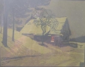 Signierte Graphik - Holzschnitt: "Christnacht", verschneites Haus im Wald, Monogramm HK