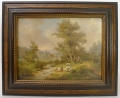 Romantiker: signiertes Öl Gemälde, "romantische Landschaft mit Schafhirten und Weiler", 19. Jahrhundert