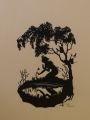 Lotte Gützlaff: Scherenschnitt, "Blumenmädchen am Teich", um 1920