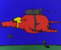 Kirsten Höcker (* 1959): Graphik - farbiger Siebdruck, "Raketensau", datiert 1985