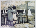 Foto 1: Ernst Leonhardt (* 1935): Graphik - Farblithographie, Das Paar am See, Druck Taborpresse Berlin von 1990