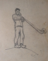 Foto 6: Rudolf Gudden (1863-1935): 7 x Blatt / mit 9 Zeichnungen, in Bleistift, holländische Sujets, Gemäldevorstudie Alpenhornbläser, Arbeiterentwürfe