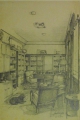 Paul Meyer: Zeichnung - in Bleistift, "Interieur Bibliothek", datiert 1942