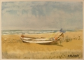 M. Petrak: Zeichnung - Aquarell, "Fischerboot an Strand", 20. Jahrhundert