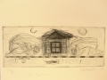 Karin Sakrowski (* 1942): Graphik - Kaltnadelradierung, "Das Apfelhaus", datiert 1990