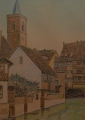 L. Laux: Erfurter Krämerbrücke / "Am Dämmchen", signiertes Aquarell, um 1900