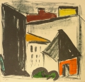 Eva Vent (* 1933): Graphik - Farblithographie, "Häuser", datiert 1990