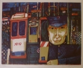 Foto 1: Erich Husemann (1928-2008): Graphik - Siebdruck in 5 Farben, Großstadt-Szene - Frankfurter U-Bahn mit Schaffner, von 1968