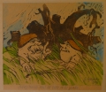 Foto 1: Georg Achtelstetter (1883-1973): Paar Graphiken - aquarellierte Holzschnitte, ironische Blätter mit Spruchtext / Karten-Entwürfe mit humorvollen Pilzszenen, datiert 1947