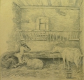 Rudolf Gudden (1863-1935): 2 Bleistift-Zeichnungen, Tier-Studien, Ziegen und Esel in Stall, Künstler-Monogramm