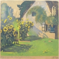 Barbara Popp (* 1890): Graphik - Farbholzschnitt, "Sonnenblumen vor Bauernkate"
