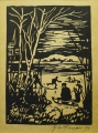 Fritz Pirner (* 1889): Graphik - Holzschnitt, "Eisläufer und Schlittenfahrer", datiert 1949