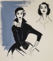 Annemarie Strupat: 2 aquarellierte Handzeichnungen, Art Deco Mode-Entwürfe Damenkleider, Mitte 20. Jahrhundert