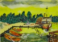 Foto 1: Unbekannt: Zeichnung - Gouache, Kreide aquarelliert, Hafen-Szene, datiert 1960, Künstler-Monogramm