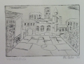 Andrea Schr: Graphik - Radierung, "Architektur-Ensemble", datiert 1998, Hermsdorf