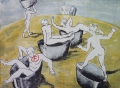 Foto 1: Unbekannt: 4 Blätter - 1 x Bleistift-Zeichnung / 3 x Graphiken - Farblithographien, Figuren in skurrilen Aktionen, Druckjahr 1994