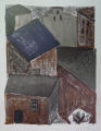 Foto 1: Eva Vent (* 1933): Graphik - Farblithographie, Häuserfassaden, Druck 1990 Taborpresse Berlin
